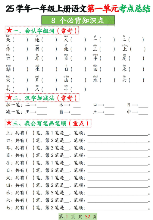 2025秋新人教版语文一年级上册 1-8单元考点总结（含答案）-麓名书院