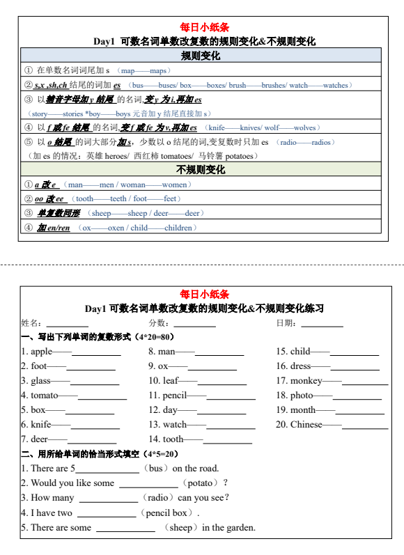 小学英语语法每日小纸条(67页通用版)-麓名书院